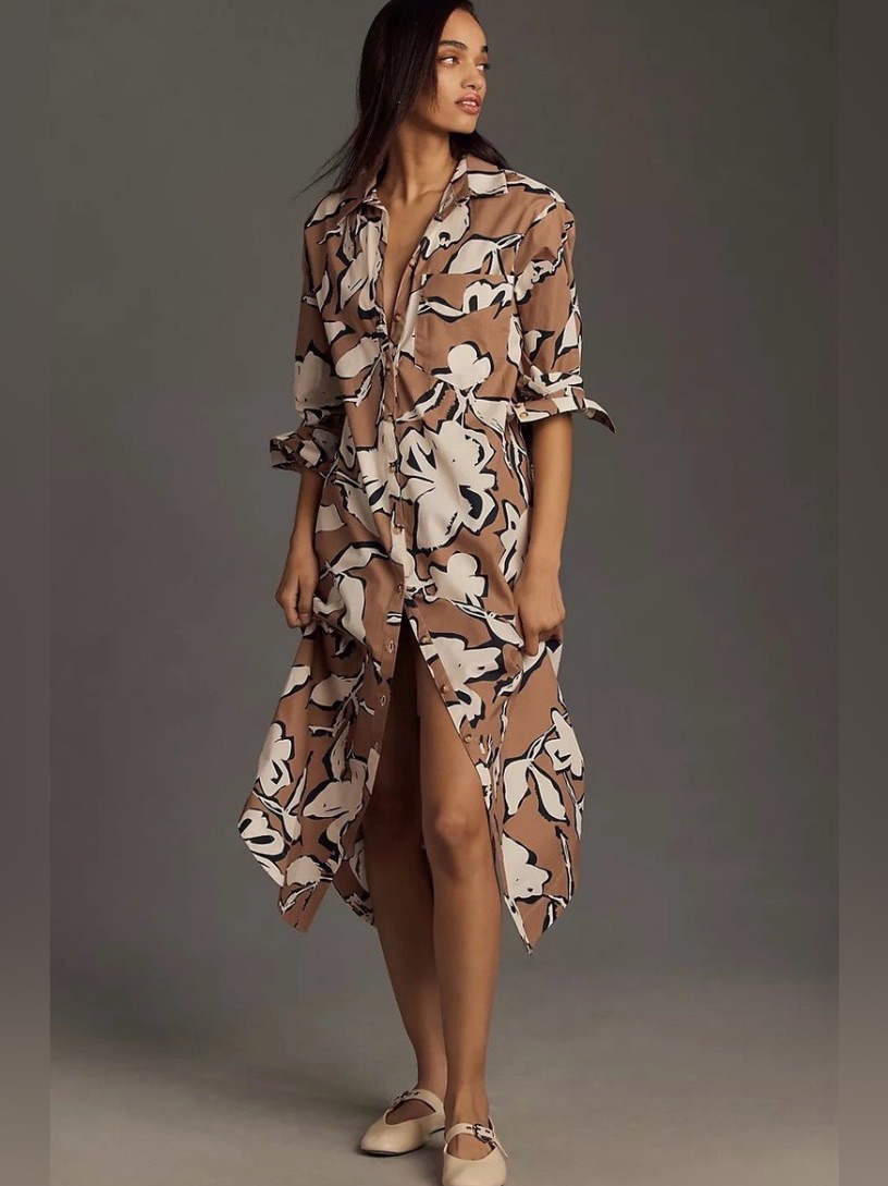 Maeve Anthropologie Soren Shirt Dress Brown White Floral Cotton Midi Garden Boho